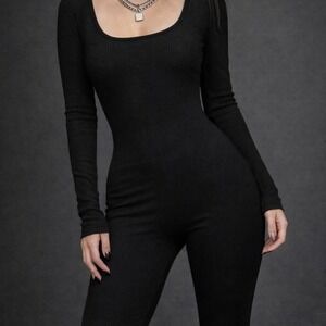 Black Ribbed Catsuit Long Sleeve Jumpsuit Bodysuit Small Minimal Stretch